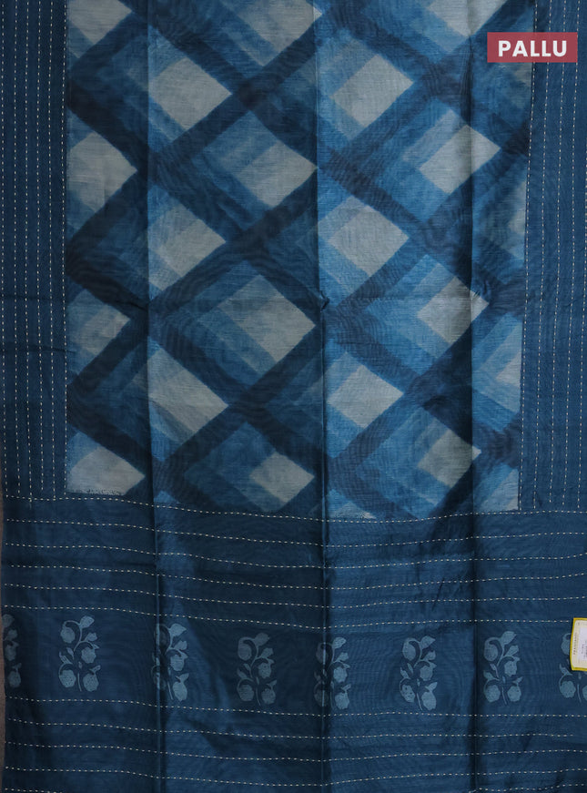 Semi tussar saree peacock blue with allover geometric prints and katha stitch work pallu & border