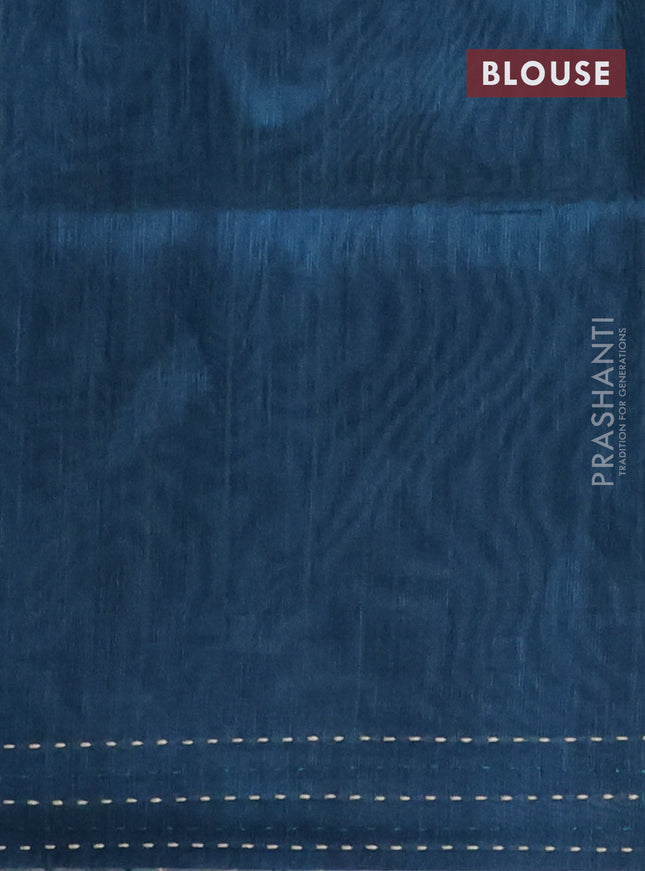 Semi tussar saree peacock blue with allover geometric prints and katha stitch work pallu & border