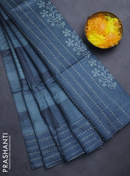 Semi tussar saree bluish grey with allover zig zag prints and katha stitch work pallu & border