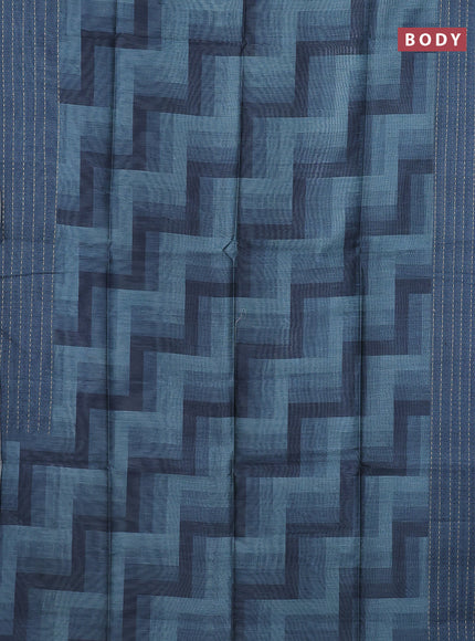 Semi tussar saree bluish grey with allover zig zag prints and katha stitch work pallu & border