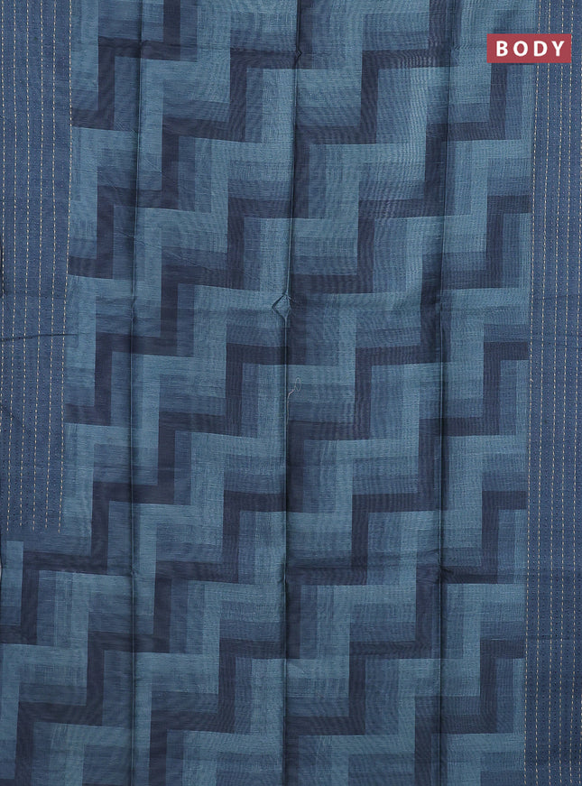 Semi tussar saree bluish grey with allover zig zag prints and katha stitch work pallu & border