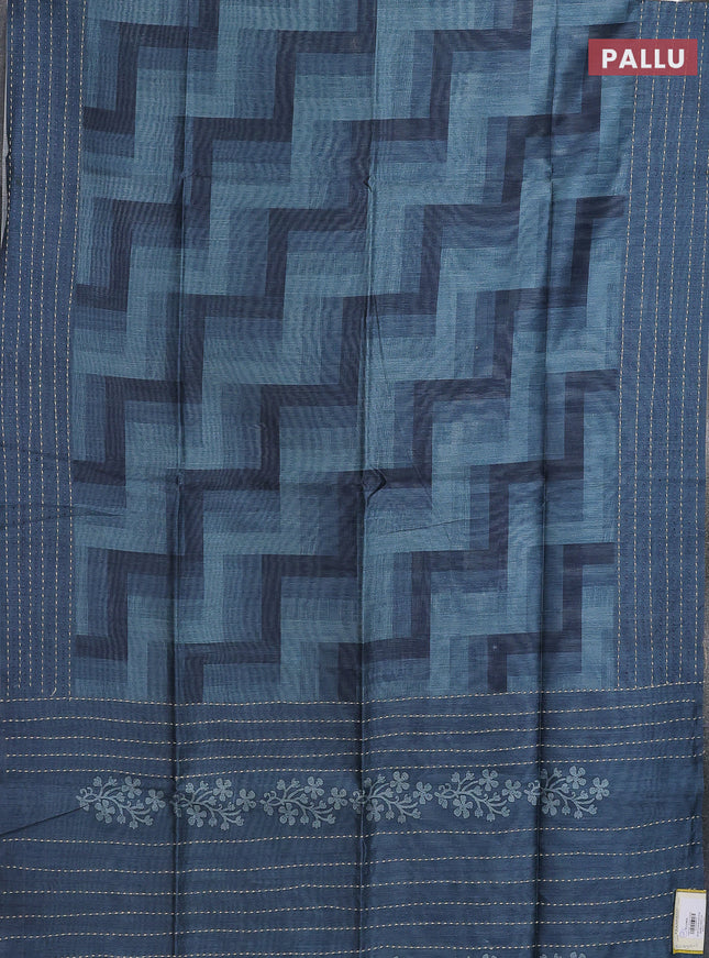 Semi tussar saree bluish grey with allover zig zag prints and katha stitch work pallu & border