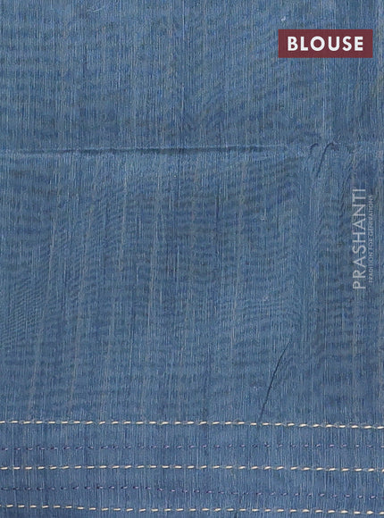 Semi tussar saree bluish grey with allover zig zag prints and katha stitch work pallu & border