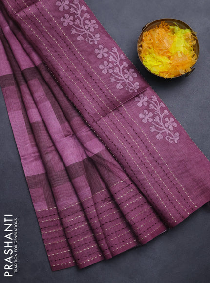 Semi tussar saree mauve pink with allover zig zag prints and katha stitch work pallu & border