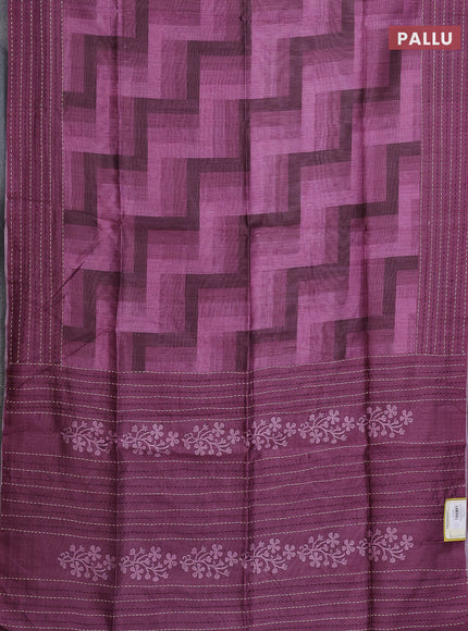 Semi tussar saree mauve pink with allover zig zag prints and katha stitch work pallu & border