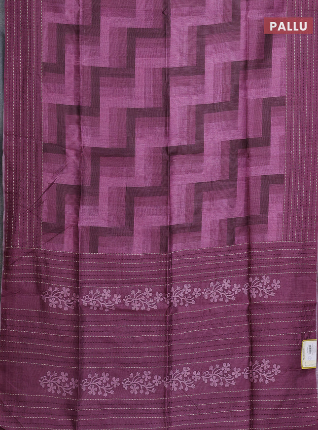 Semi tussar saree mauve pink with allover zig zag prints and katha stitch work pallu & border