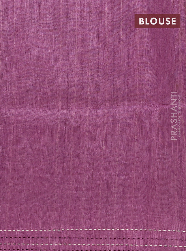 Semi tussar saree mauve pink with allover zig zag prints and katha stitch work pallu & border