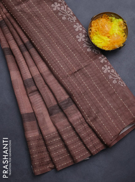 Semi tussar saree brown and coffee brown with allover zig zag prints and katha stitch work pallu & border