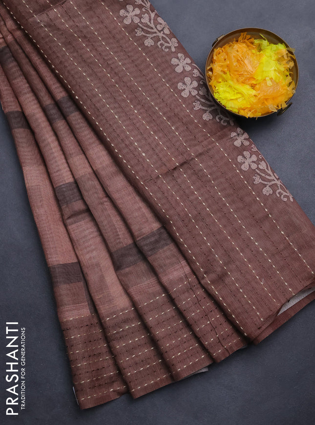 Semi tussar saree brown and coffee brown with allover zig zag prints and katha stitch work pallu & border