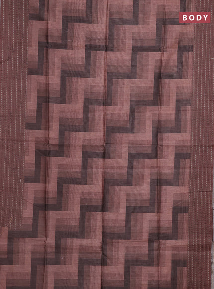 Semi tussar saree brown and coffee brown with allover zig zag prints and katha stitch work pallu & border