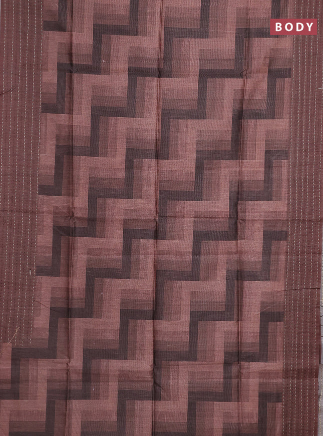 Semi tussar saree brown and coffee brown with allover zig zag prints and katha stitch work pallu & border