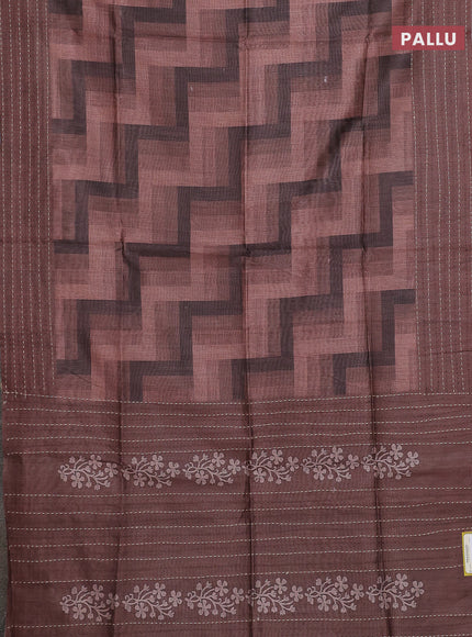 Semi tussar saree brown and coffee brown with allover zig zag prints and katha stitch work pallu & border
