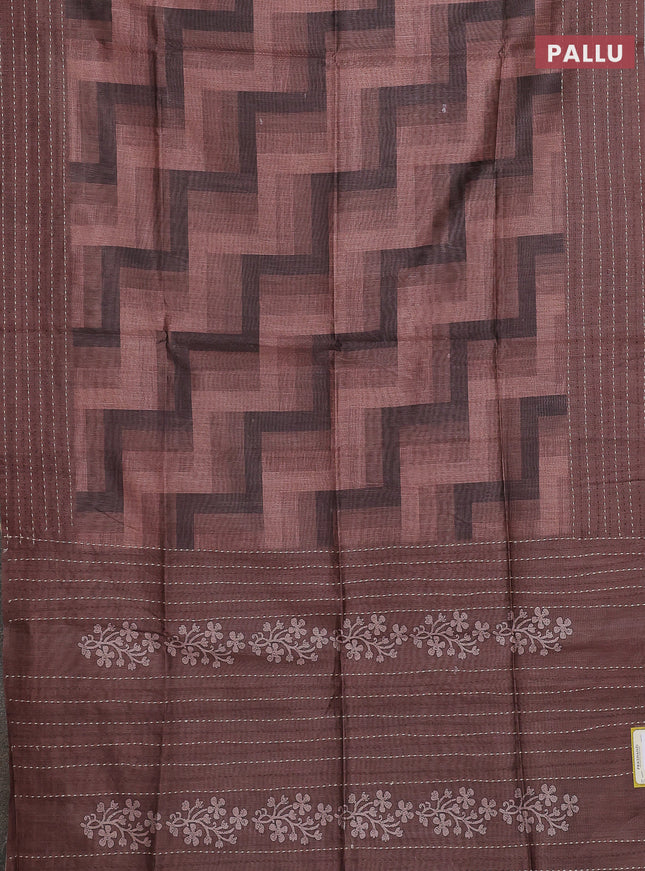 Semi tussar saree brown and coffee brown with allover zig zag prints and katha stitch work pallu & border