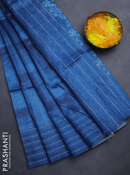 Semi tussar saree cs blue and blue with allover zig zag prints and katha stitch work pallu & border