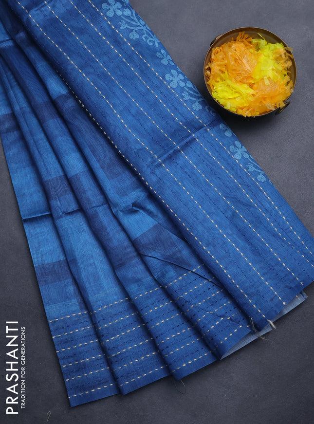 Semi tussar saree cs blue and blue with allover zig zag prints and katha stitch work pallu & border