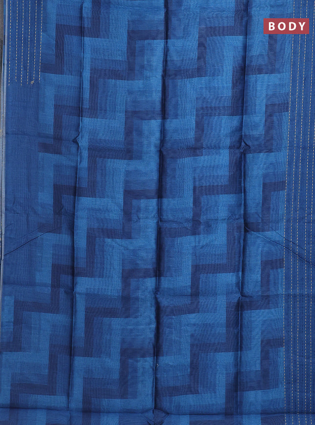 Semi tussar saree cs blue and blue with allover zig zag prints and katha stitch work pallu & border