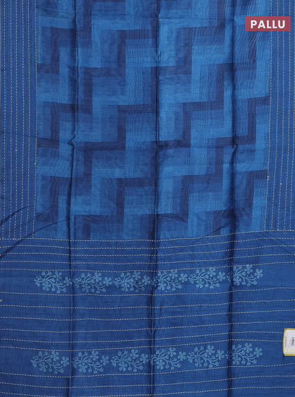 Semi tussar saree cs blue and blue with allover zig zag prints and katha stitch work pallu & border