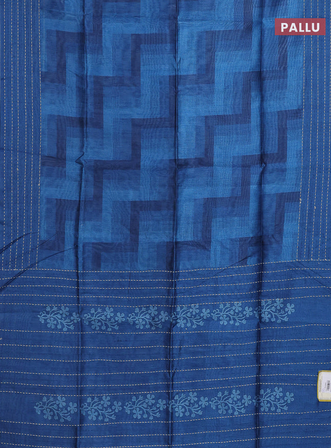 Semi tussar saree cs blue and blue with allover zig zag prints and katha stitch work pallu & border