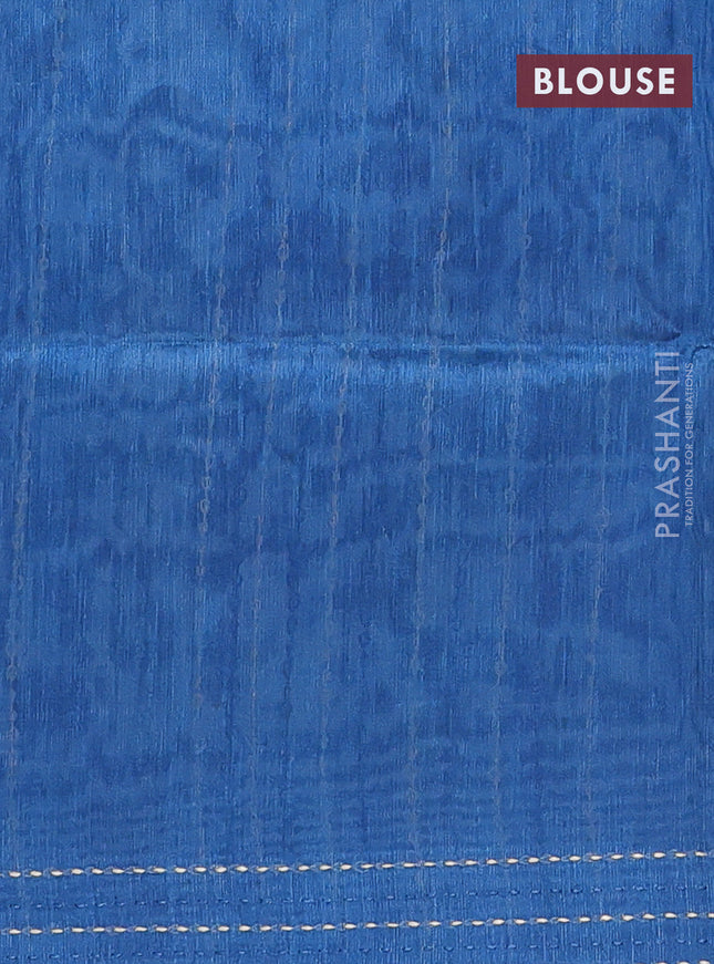 Semi tussar saree cs blue and blue with allover zig zag prints and katha stitch work pallu & border