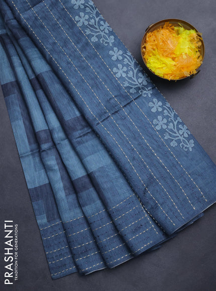 Semi tussar saree grey and dark grey with allover zig zag prints and katha stitch work pallu & border