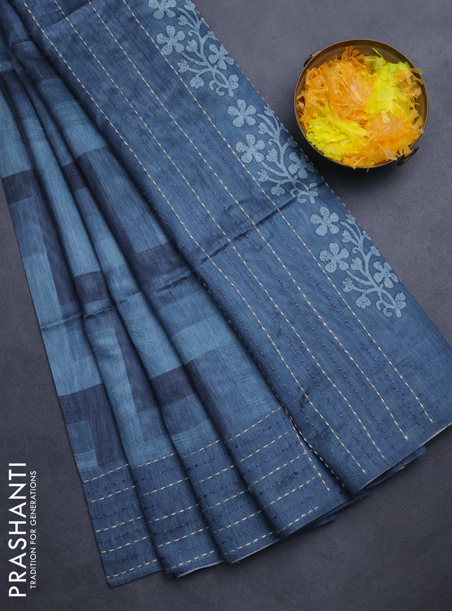 Semi tussar saree grey and dark grey with allover zig zag prints and katha stitch work pallu & border