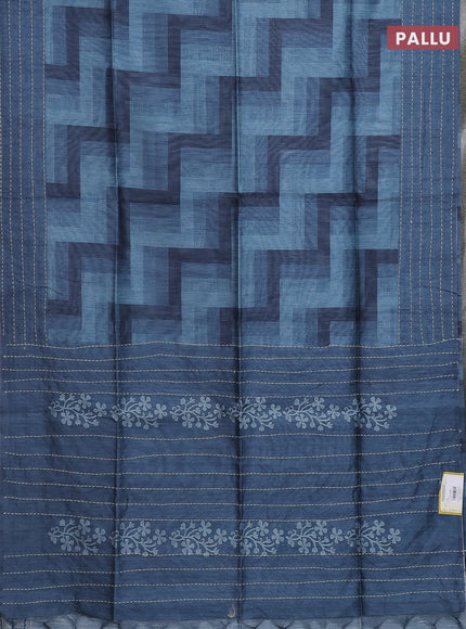 Semi tussar saree grey and dark grey with allover zig zag prints and katha stitch work pallu & border