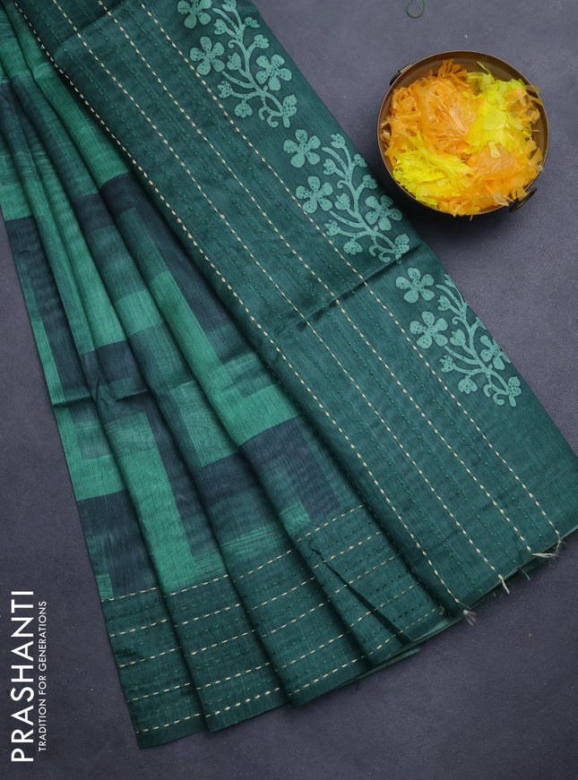 Semi tussar saree green and dark green with allover zig zag prints and katha stitch work pallu & border