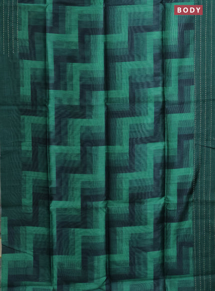 Semi tussar saree green and dark green with allover zig zag prints and katha stitch work pallu & border