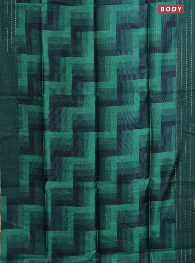 Semi tussar saree green and dark green with allover zig zag prints and katha stitch work pallu & border