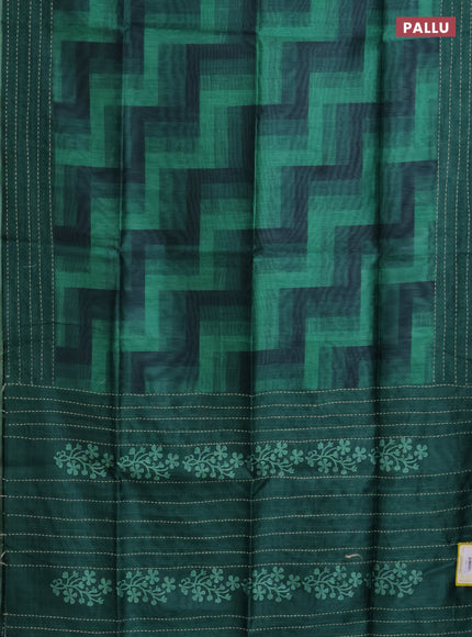 Semi tussar saree green and dark green with allover zig zag prints and katha stitch work pallu & border
