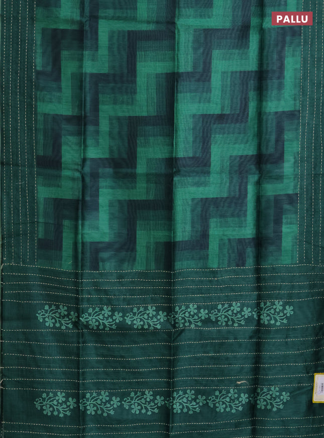 Semi tussar saree green and dark green with allover zig zag prints and katha stitch work pallu & border