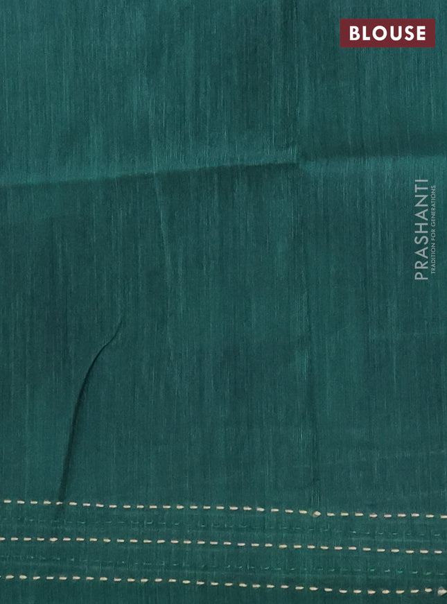 Semi tussar saree green and dark green with allover zig zag prints and katha stitch work pallu & border