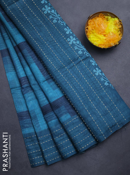 Semi tussar saree teal green and peacock green with allover zig zag prints and katha stitch work pallu & border