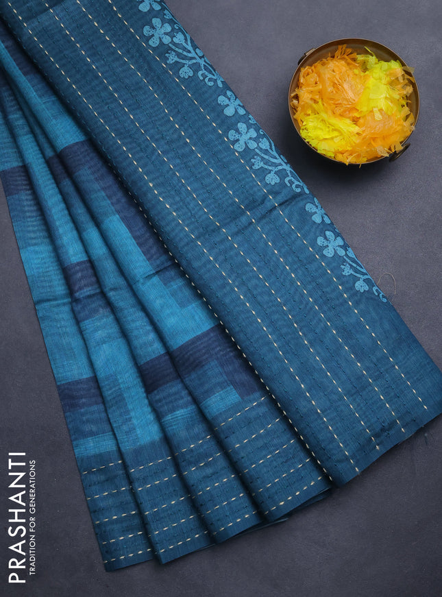 Semi tussar saree teal green and peacock green with allover zig zag prints and katha stitch work pallu & border