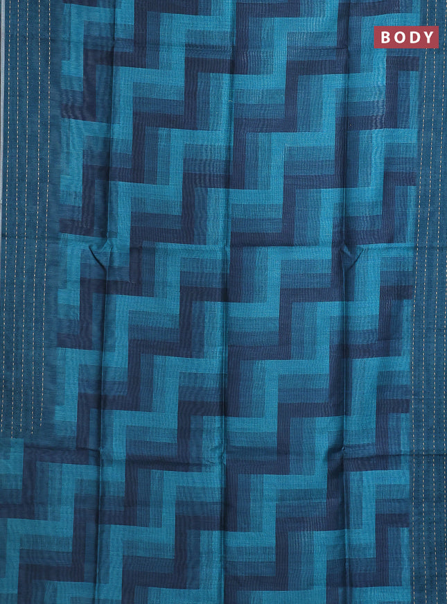 Semi tussar saree teal green and peacock green with allover zig zag prints and katha stitch work pallu & border