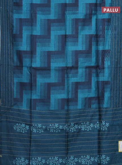 Semi tussar saree teal green and peacock green with allover zig zag prints and katha stitch work pallu & border