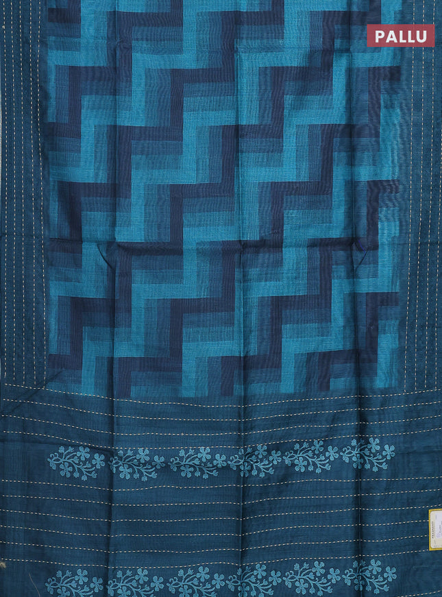 Semi tussar saree teal green and peacock green with allover zig zag prints and katha stitch work pallu & border