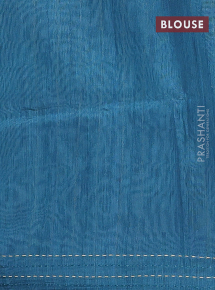 Semi tussar saree teal green and peacock green with allover zig zag prints and katha stitch work pallu & border