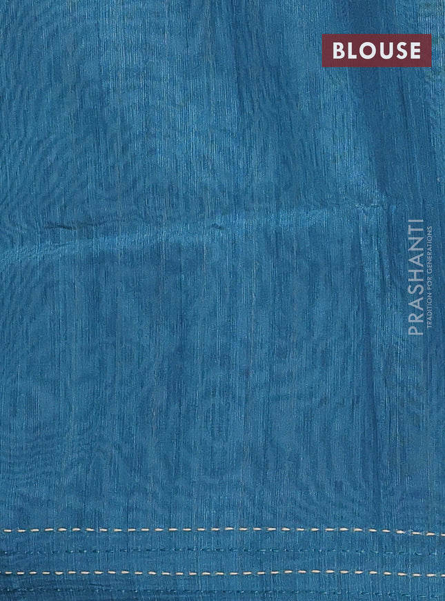 Semi tussar saree teal green and peacock green with allover zig zag prints and katha stitch work pallu & border