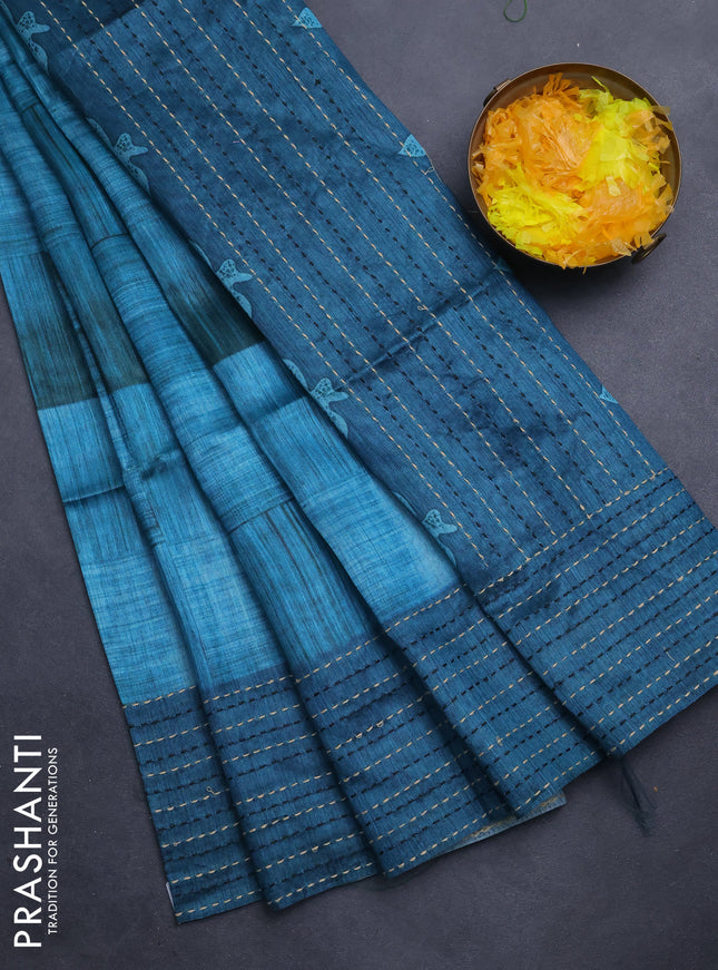 Semi tussar saree teal blue shade and peacock blue with allover geometric prints and katha stitch work pallu & border