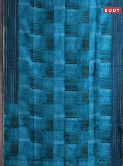 Semi tussar saree teal blue shade and peacock blue with allover geometric prints and katha stitch work pallu & border