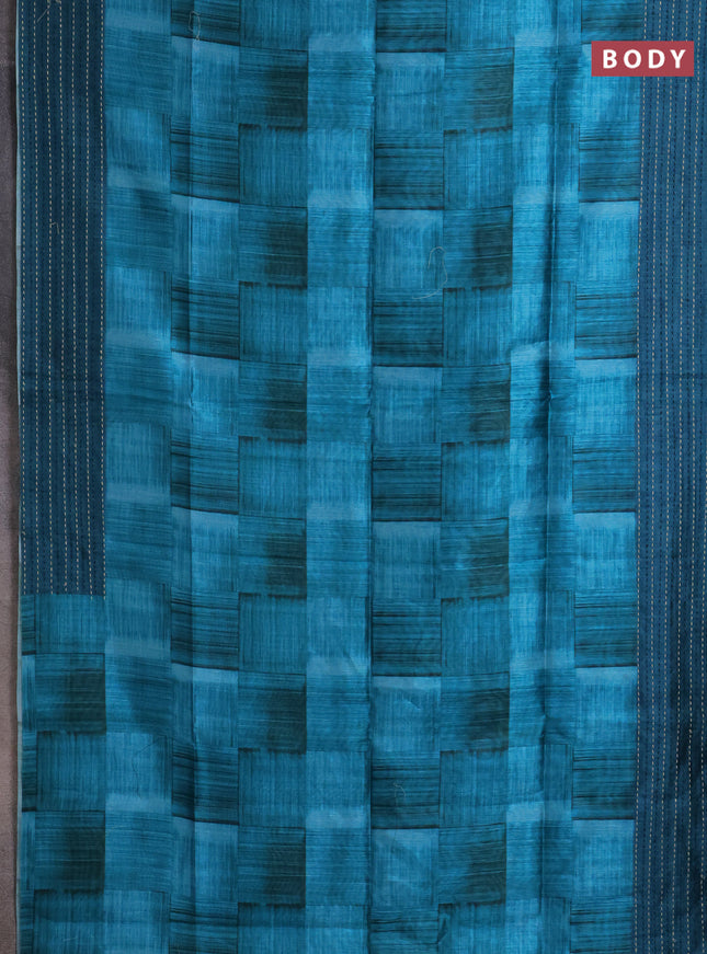 Semi tussar saree teal blue shade and peacock blue with allover geometric prints and katha stitch work pallu & border