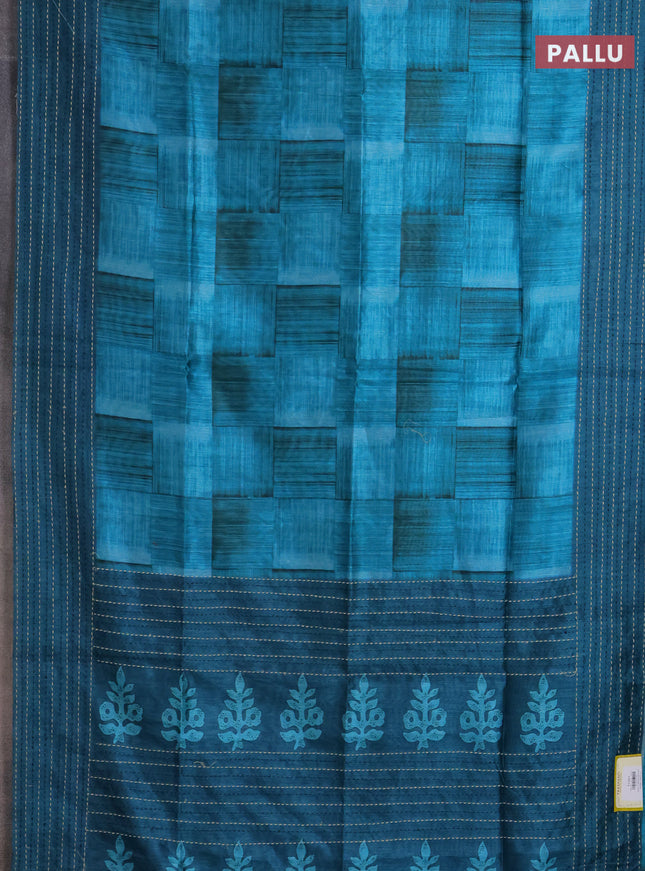 Semi tussar saree teal blue shade and peacock blue with allover geometric prints and katha stitch work pallu & border