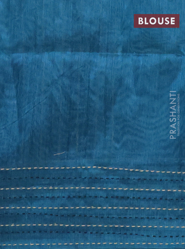 Semi tussar saree teal blue shade and peacock blue with allover geometric prints and katha stitch work pallu & border