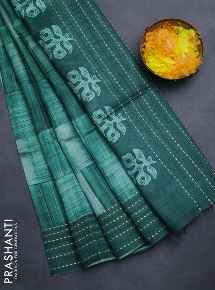 Semi tussar saree green and dark green with allover geometric prints and katha stitch work pallu & border