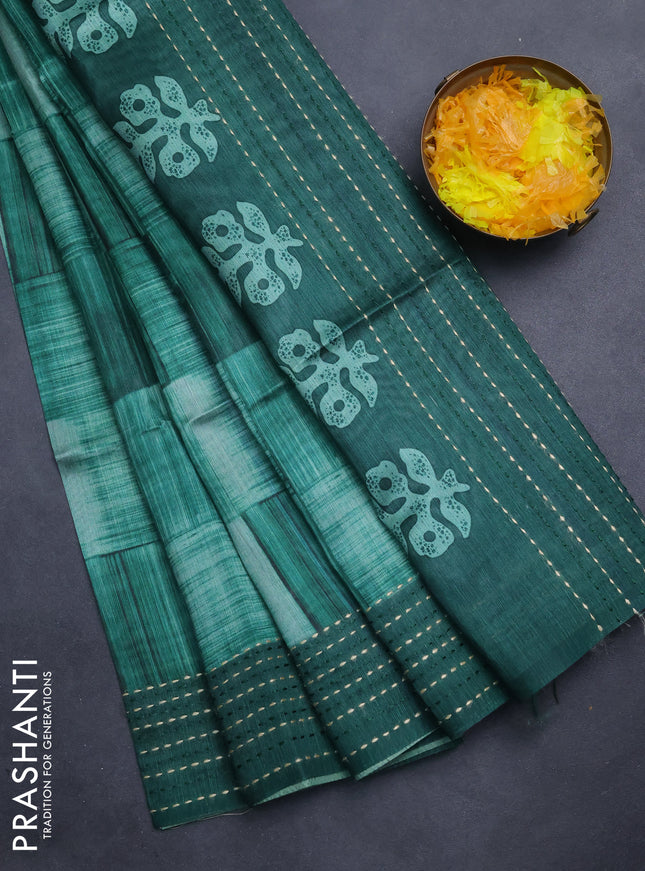 Semi tussar saree green and dark green with allover geometric prints and katha stitch work pallu & border