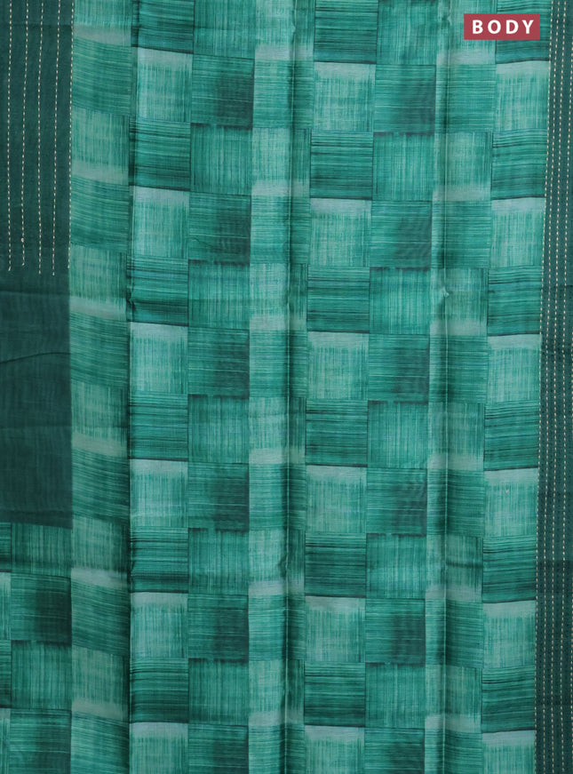 Semi tussar saree green and dark green with allover geometric prints and katha stitch work pallu & border