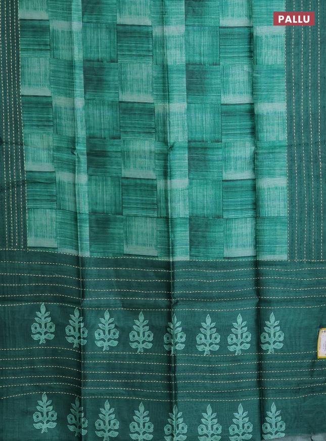 Semi tussar saree green and dark green with allover geometric prints and katha stitch work pallu & border