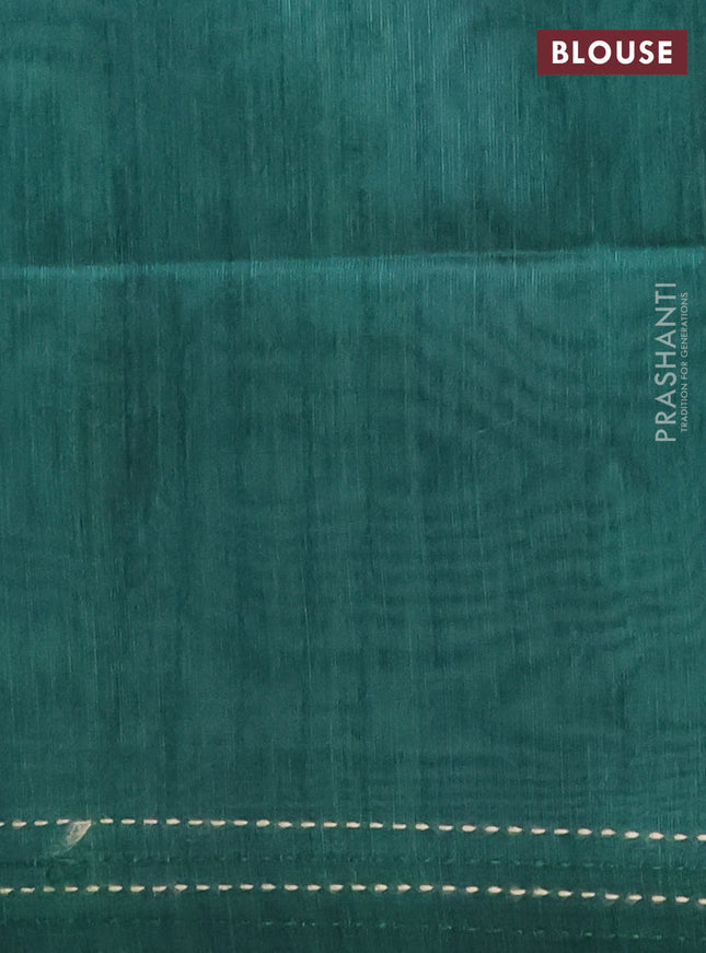 Semi tussar saree green and dark green with allover geometric prints and katha stitch work pallu & border