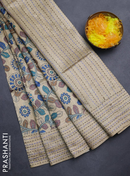 Semi tussar saree beige and brown with allover kalamkari prints and katha stitch work pallu & border